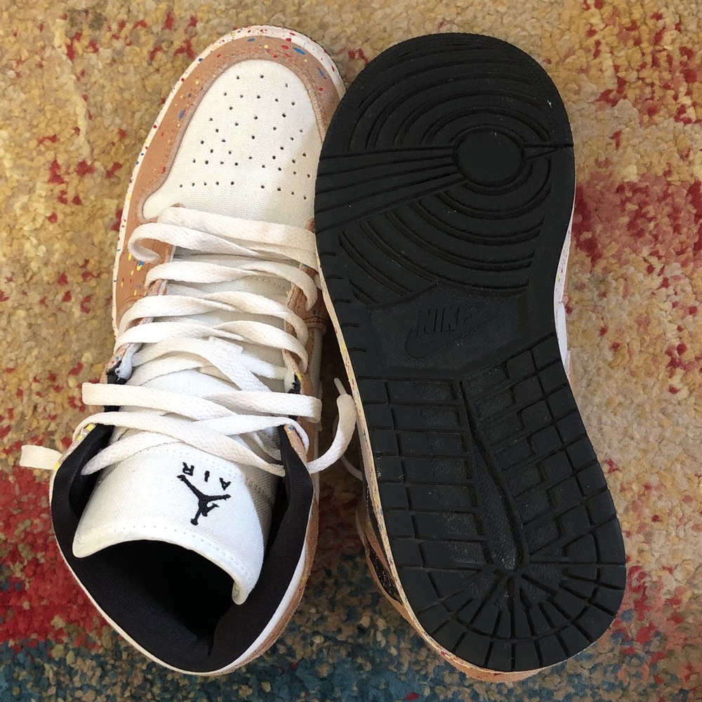 Nike Air Jordan 1 Mid White & Tan Suede with Multicolor Paint Splatter - Picture 5 of 7